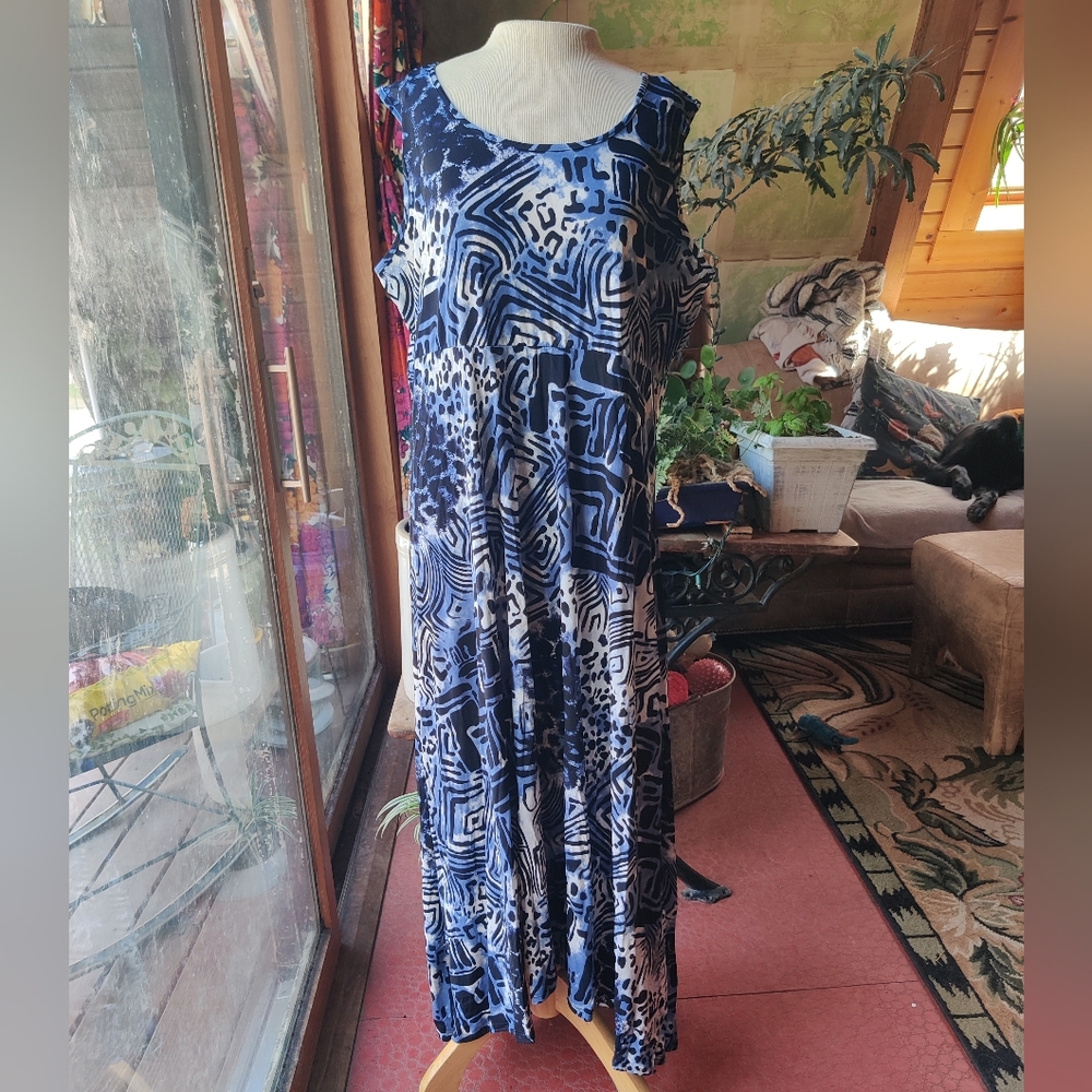 Blue Mixed Animal Print Sleeveless Maxi Dress XL Hi-Low Hem Geometric Beach USA